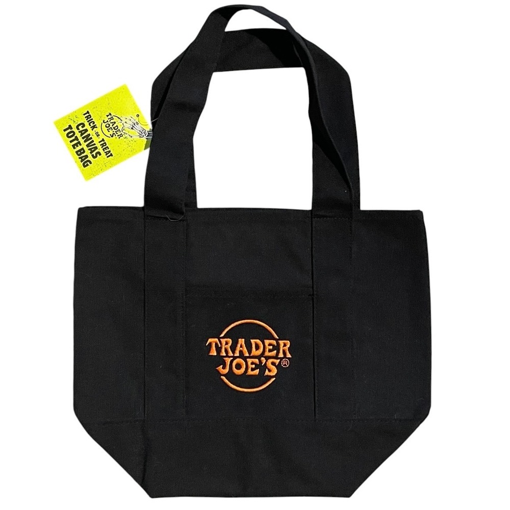 Trader Joe's Trick or Treat Canvas Tote Bag Black Orange Embroidered Mini 81415